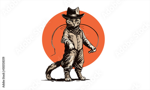 funny kitten cat cowboy with fedora  hat dressed as Indiana Jones vector illustration