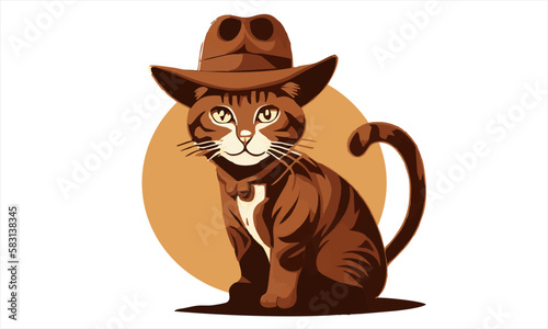 funny kitten cat cowboy with fedora  hat dressed as Indiana Jones vector illustration