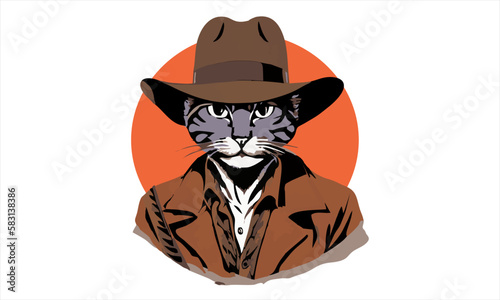 funny kitten cat cowboy with fedora  hat dressed as Indiana Jones vector illustration