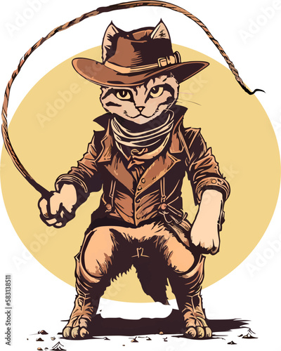 funny kitten cat cowboy with fedora  hat dressed as Indiana Jones vector illustration