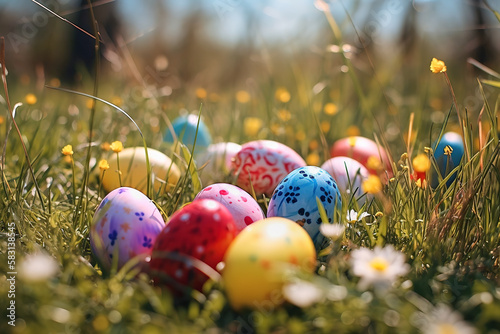 Painted Easter eggs in basket under spring sunlight, on a green grass. Colorful Easter eggs background. Generative Ai