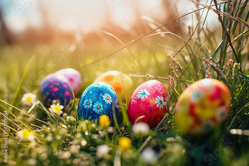 Painted Easter eggs in basket under spring sunlight, on a green grass. Colorful Easter eggs background. Generative Ai