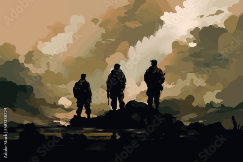Silhouette of soldiers on patrol in the mountains. Vector abstract. Generative AI technology.