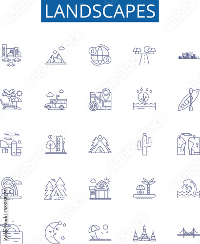 Landscapes line icons signs set. Design collection of Vista, Scenery, Terrain, Skyline, Meadow, Outdoors, Nature, Panorama outline concept vector illustrations