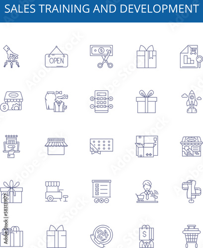 Sales training and development line icons signs set. Design collection of sales, training, development, strategy, technique, skill, knowledge, communication outline concept vector illustrations