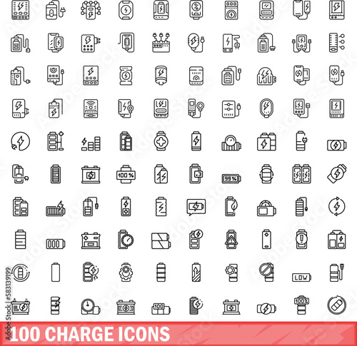 100 charge icons set. Outline illustration of 100 charge icons vector set isolated on white background