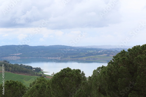 landscape view with lake and forest on the background of  mountains. © UMIT