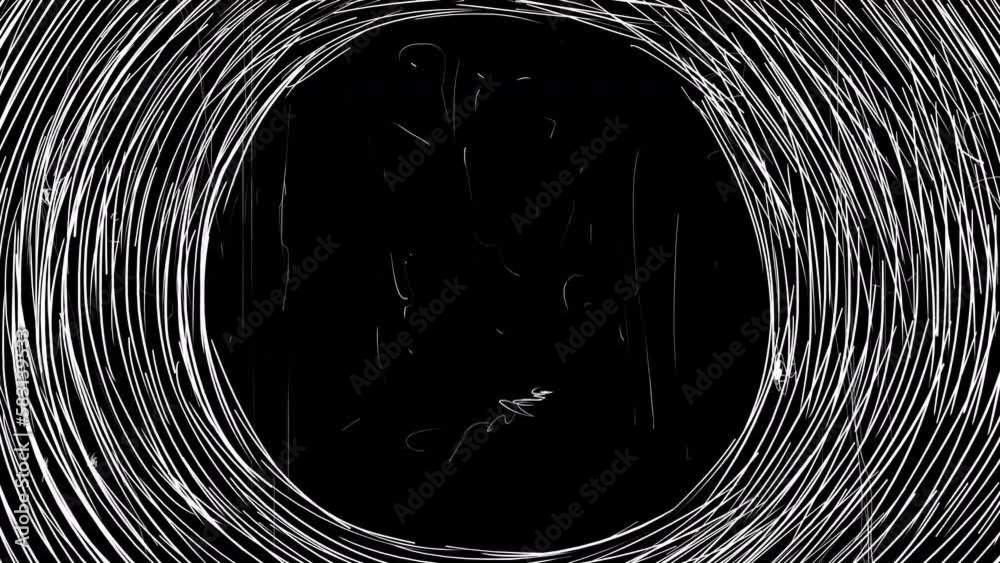 Round frame with white strokes and scratches on a black screen. Retro effect for nostalgia in 4K with alpha channel. Stock effect with noise.