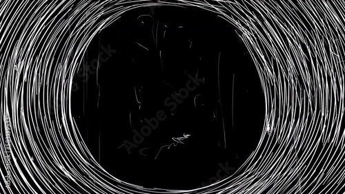 Round frame with white strokes and scratches on a black screen. Retro effect for nostalgia in 4K with alpha channel. Stock effect with noise.