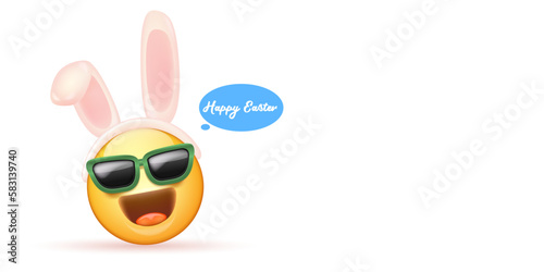 Happy easter funny horizontal banner with cartoon 3d smile face with rabbit ears and sunglasses isolated on white background. Vector 3d square happy eater poster, flyer, banner, label and background