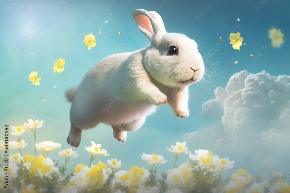 Fotografie Cute Easter bunny in the yellow spring flowers. Generative AI