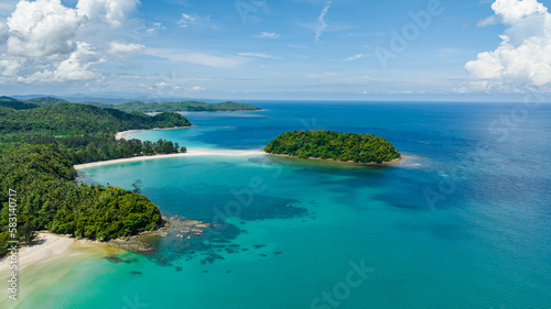 Seascape with tropical sandy beach and blue sea. Borneo  Malaysia.