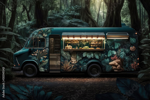 A Food Truck Parked In A Dense Forest, Surrounded By Tall Trees And Green Foliage . Generative AI photo