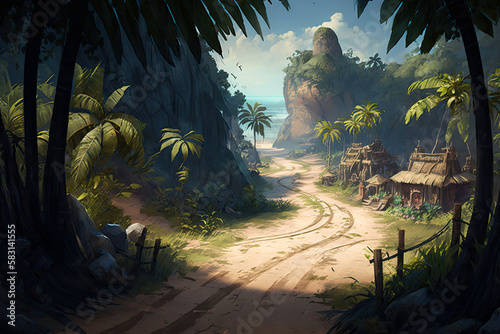 A Fork In A Road In A Tropical Paradise  With One Path Leading Towards A Hidden Cove And The Other Towards A Bustling Market . Generative AI