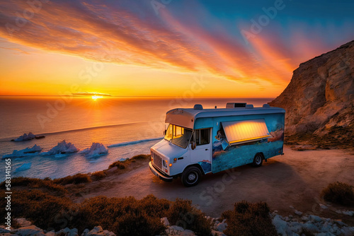 A Food Truck Parked On The Edge Of A Cliff, With A Stunning Sunset Or Sunrise In The Background . Generative AI