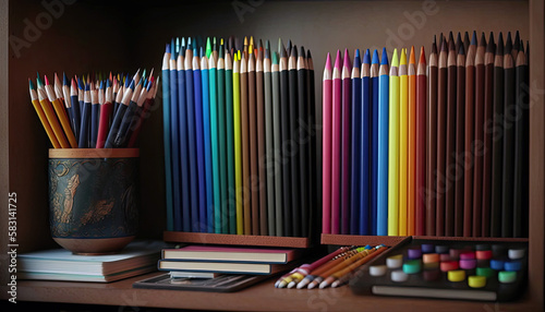 A Collection Of Colored Pencils And Sketch Pads On A Shelf . Generative AI