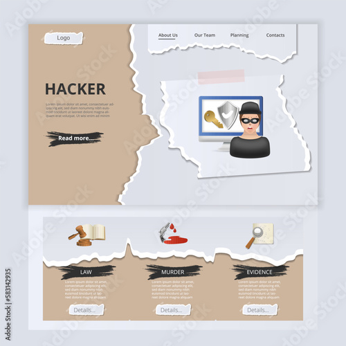 Hacker flat landing page website template. Law, murder, evidence. Web banner with header, content and footer. Vector illustration.