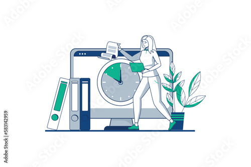 Deadline blue outline concept with people scene in the flat cartoon design. Employee is trying hard to complete all the tasks in order to meet the deadline. Vector illustration.