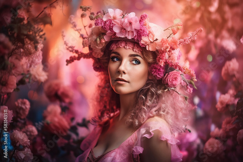 Surprisingly beautiful woman - flower fairy in colorful fantasy garden. Generative AI.