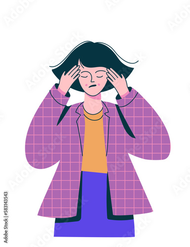 Woman with headache. Frustrated overworked woman with work problem. Grief emotion with negative feeling. Stress, irritation factors, badmood. Flat vector illustration
