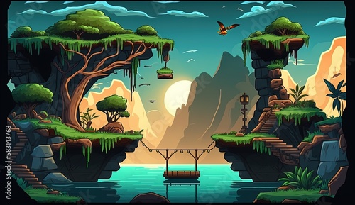 Scenery for a 2D platform game, background for retro game, Generative AI
