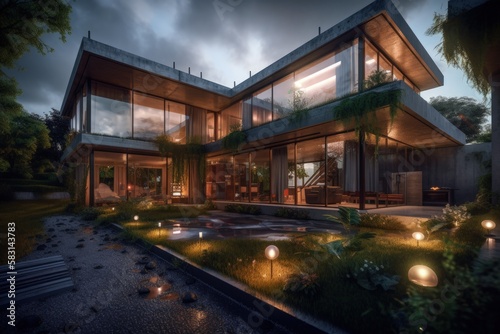 Modern house with apparent concrete, metal structure, wood and vegetation, Generative AI