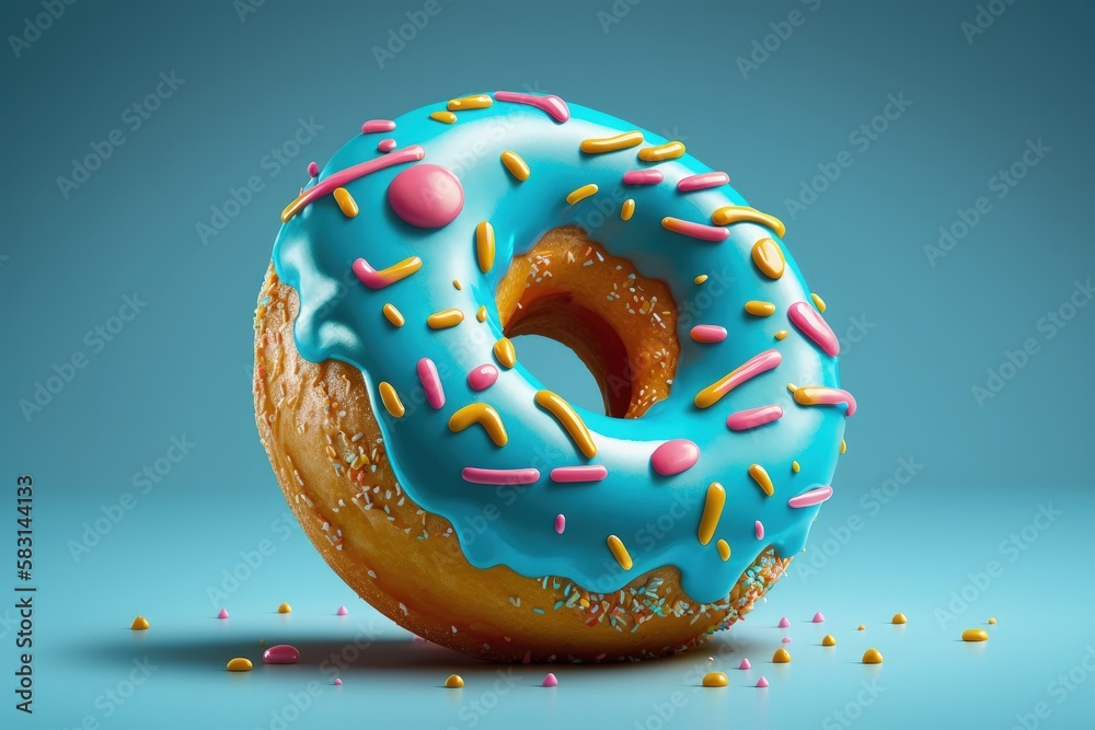 Donut with blue icing and sprinkles isolated on blue background, Generative AI Donut with blue icing and sprinkles isolated on blue background, Generative AI