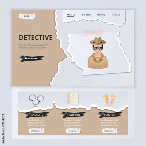 Detective flat landing page website template. Handcuffs, fingerprint, coroner. Web banner with header, content and footer. Vector illustration.