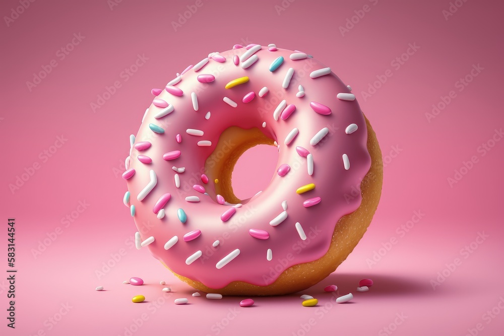 Donut with pink icing and sprinkles isolated on pink background, Generative AI Donut with pink icing and sprinkles isolated on pink background, Generative AI