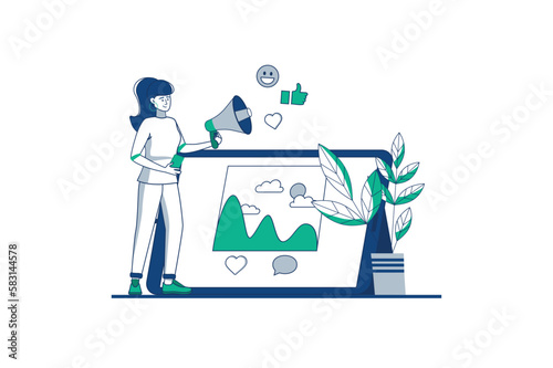 Social marketing blue outline concept with people scene in the flat cartoon design. Marketer researches public needs based on data from social networks. Vector illustration.