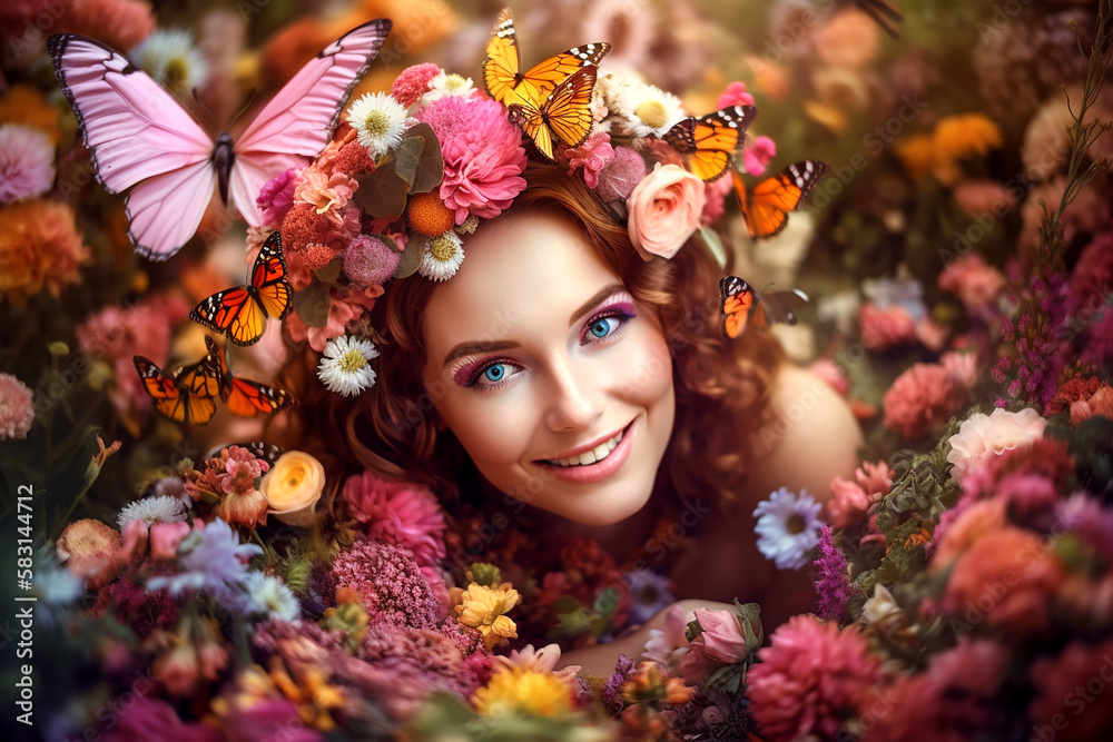 Portrait of fabulously beautiful woman flower fairy, relaxing in colorful flower bed. Generative AI