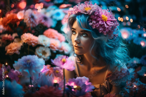 Portrait of fabulously beautiful woman flower fairy with wreath on head. Generative AI
