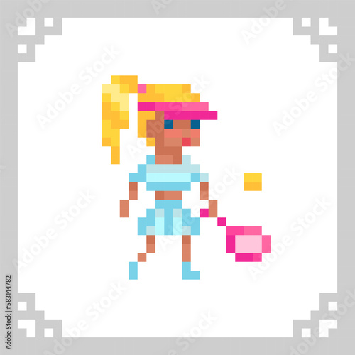 A female tennis player with a tennis racket and a ball in pixel art