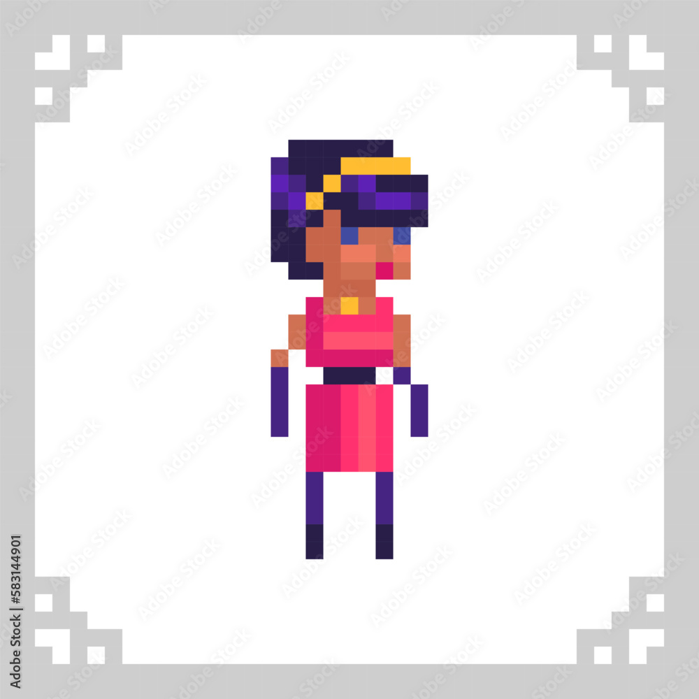 Obraz premium A fashion girl in a red dress with a headband in the style of the 80s in pixel art
