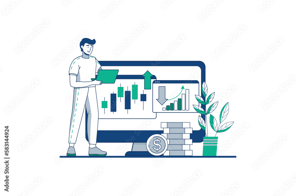 Stock market blue outline concept with people scene in the flat cartoon style. Financier analyzes data on cash flow in the company business. Vector illustration. Stock market blue outline concept with people scene in the flat cartoon style. Financier analyzes data on cash flow in the company business. Vector illustration.