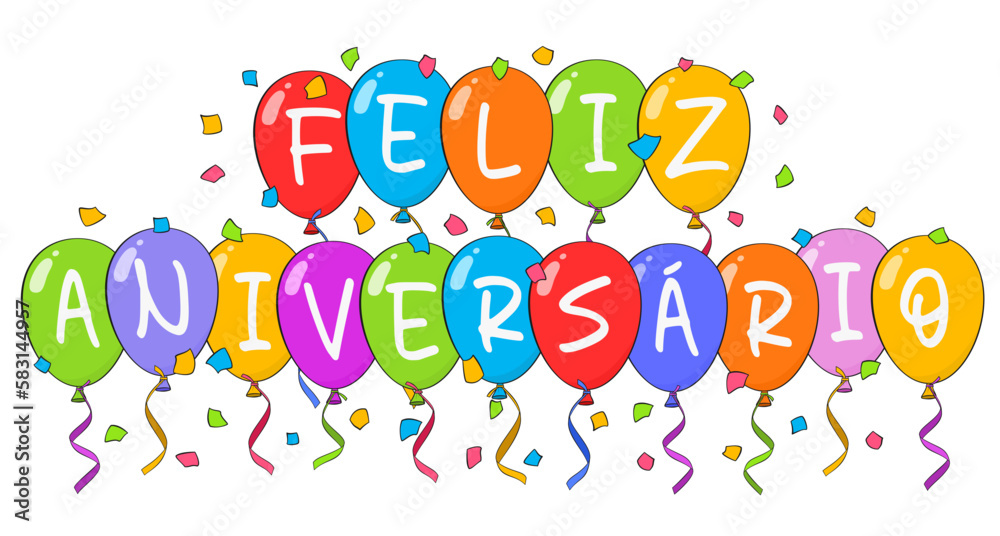 Vektorová grafika „Happy Birthday lettering in Portuguese (Feliz aniversário) with colorful balloons and confetti. Cartoon. Vector illustration. Isolated on white background“ ze služby Stock