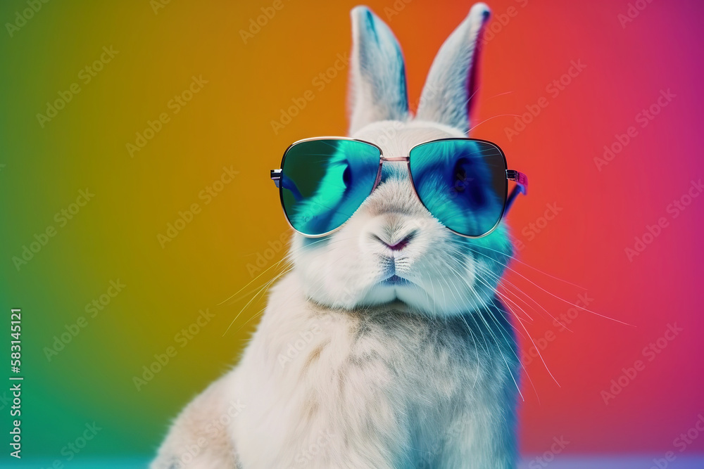 Cute Bunny Rabbit Wearing Sunglasses with Vibrant Gradient Background. Generative AI