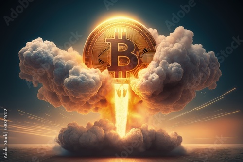 Bitcoin taking off like a rocket releasing blasts of fire and smoke, Generative AI photo