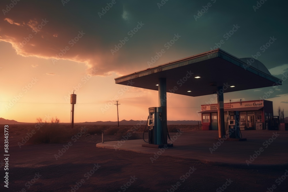 Gas station on a deserted country road at sunset, Generative AI