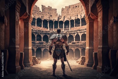 Roman gladiator inside the coliseum, Gladiator inside battle arena, Generative AI