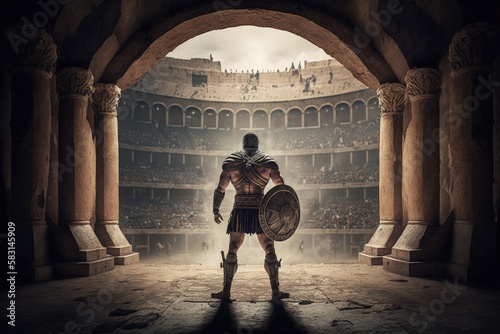 Roman gladiator inside the coliseum, Gladiator inside battle arena, Generative AI photo