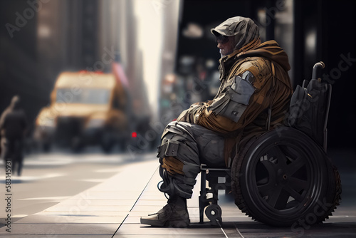 illustration of disabled soldier sitting in a wheelchair in downdown street. ai photo