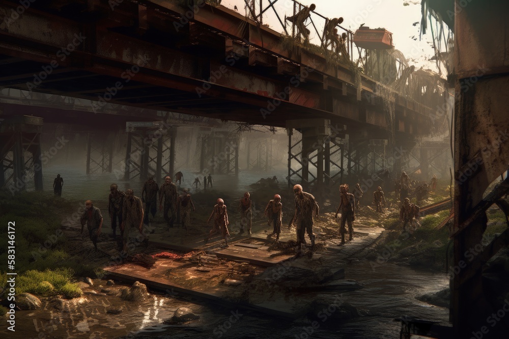 Zombie Infested Environment Horde of zombies passing over bridge in post apocalyptic world, zombie ...