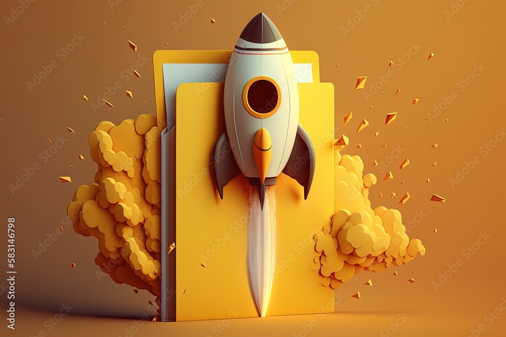 Rocket taking off and file folder on yellow background, Generative AI ...