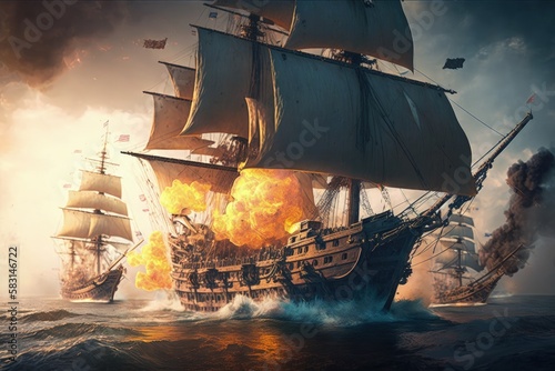 Ships on Fire in Medieval Battleships, Pirate ships destroyed in cannon battle, Generative AI