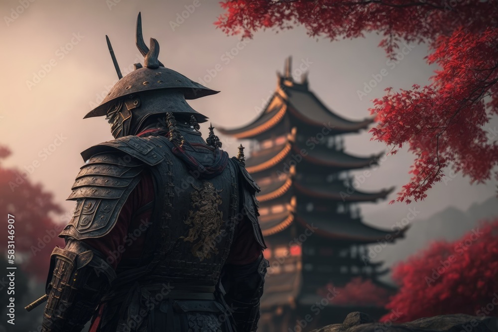 Samurai and oriental temple in the background, samurai with armor, Generative AI Samurai and oriental temple in the background, samurai with armor, Generative AI