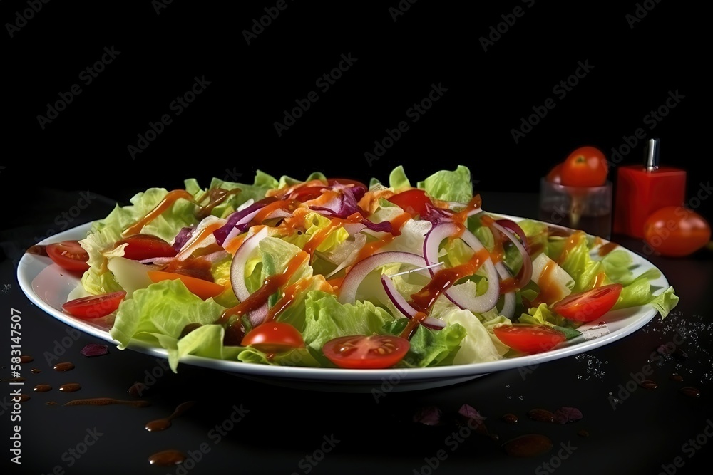 Delicious fresh salad with dressing. Template for restaurants. Food photography. Generative AI.