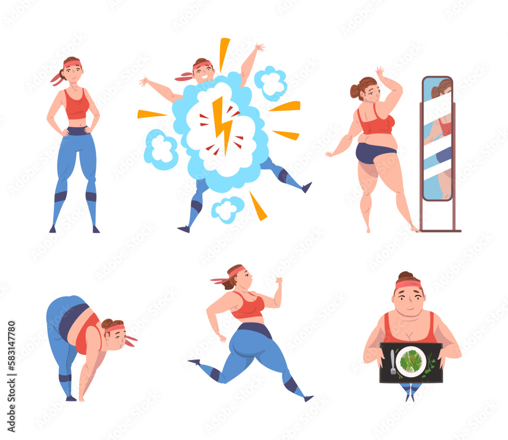 Overweight Woman Character Training Getting Fit Vector Set Overweight Woman Character Training Getting Fit Vector Set