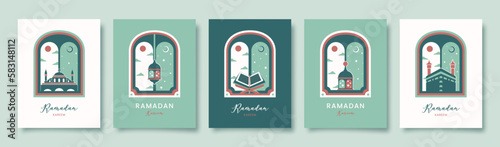 Ramadan Kareem. Set of Islamic greeting card with Kaaba, Quran, lantern, mosque. Vector holiday illustration in green colors for greeting card, poster and banner.
