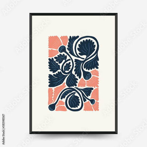 Abstract floral posters template. Modern trendy Matisse minimal style. Pink and blue colors. Hand drawn design for wallpaper, wall decor, print, postcard, cover, template, banner. 